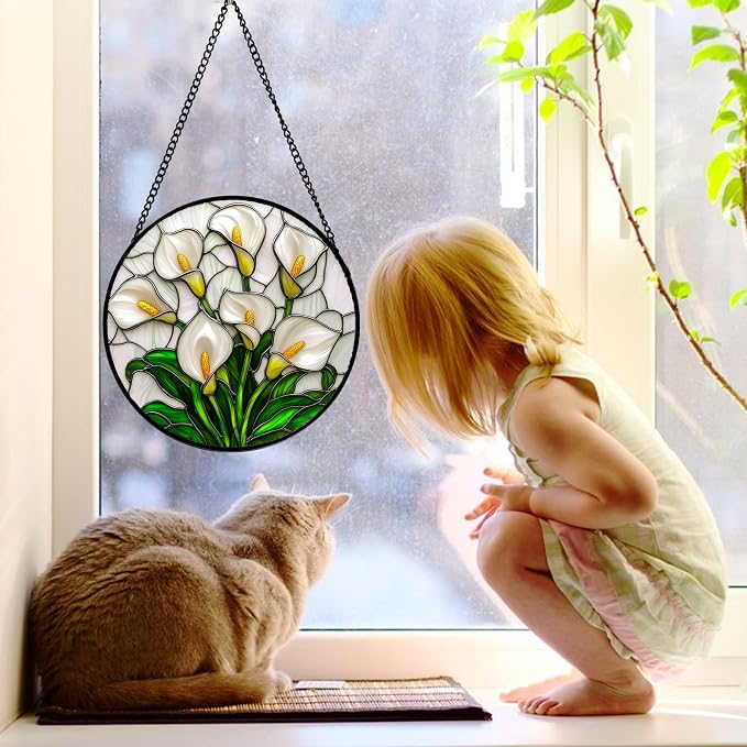DASTOLL Stained Glass Window Hanging, White Calla Lily Suncatcher Diamond Glass Panel Hangings Flowers Sun Catchers Decor for Birthday for Women, Men, Wife, Aunt, and Mom 9.8 in