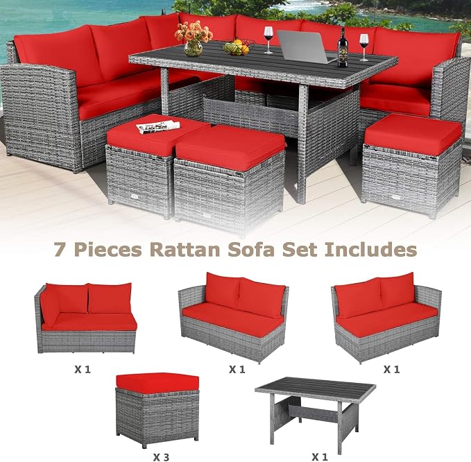 HAPPYGRILL 7 Pieces Rattan Wicker Patio Conversation Set, Outdoor Patio Furniture Set with Cushions, Rattan Sofa Set with Dining Table & Ottomans for Poolside Backyard Balcony Garden (Red)