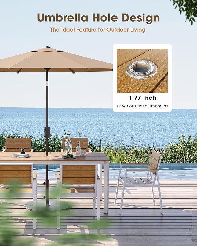 Outdoor Dining Set for 4, Aluminum Patio HDPS Outdooor Table and Chairs Set with Umbrella Hole, All Weather Patio Furniture Set, 5 Peice Patio Dining Table Set (White & Teak)