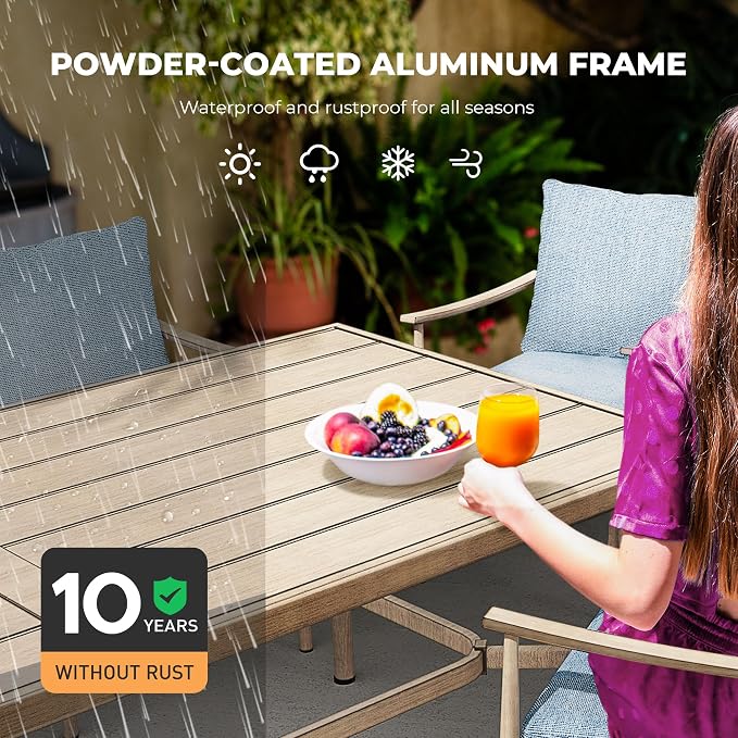 HAPPATIO 9-Piece Patio Table and Chairs Set for 8, Aluminum Outdoor Dining Set with Cushions, 6 Dining Chairs and 2 Swivel Chairs, 1 Large Rectangular Table with Umbrella Hole, Brown