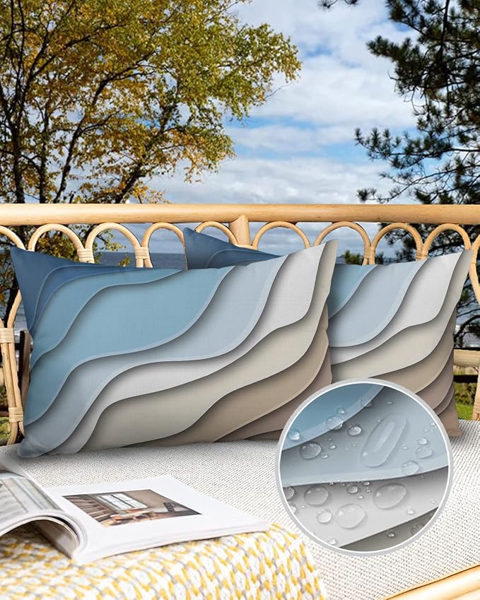 Ombre Abstract Geometry Gradient Navy Blue to Brown Outdoor Waterproof Throw Pillow Covers 20 x 12 Inch Set of 2, Pillowcases Decorative Square Cushion Cases for Patio Furniture Couch Porch Garden