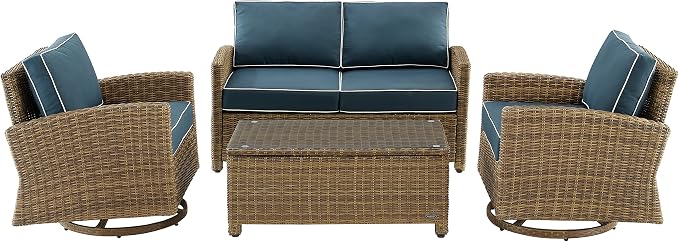 Crosley Furniture Bradenton 4-Piece Wicker Outdoor Loveseat and Swivel Rocker Patio Furniture Set for Porch, Brown with Navy Cushions