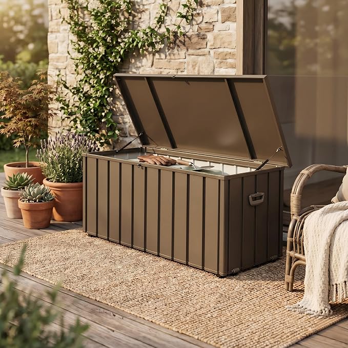 120 Gallon Outdoor Storage Box, Deck Boxes Outdoor Waterproof for Patio Furniture Outside Cushions, Throw Pillows, Garden Tools and Pool Floats, Lockable (Dark Brown) (Dark Brown)