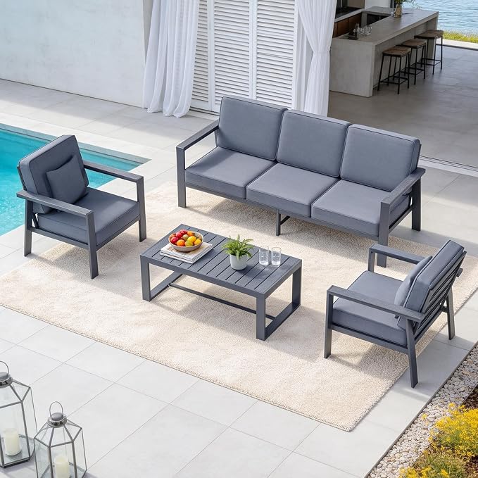 Premium Aluminum Patio Furniture Set 4 Piece,Outdoor Conversation Set with Wide Armrest,5" Thick Cushions, Olefin Fabric,Rustproof Metal Frame,Deep Seating Patio Sofa Set for Backyard,Deck,villa,Gray