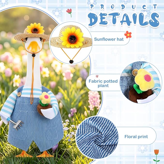 FuWeave Spring Summer Goose Outfit Overalls Gardener Porch Goose Clothes for 23" Large Statue Outdoor Patio Yard Lawn Art Decoration