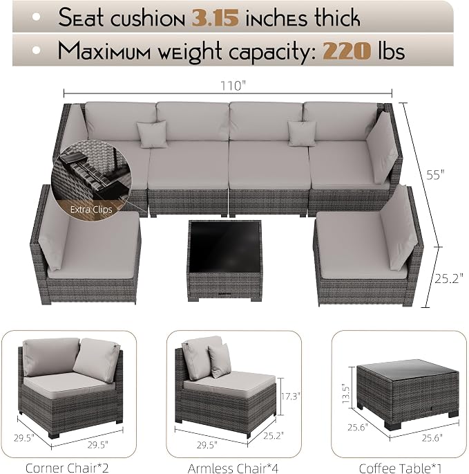 LHBcraft 7 Pieces Outdoor Furniture Set, Wicker Furniture Patio Conversation Sets with Tea Table and Thickened Beige Cushions,Grey Outdoor Patio Sectional Sofa for Garden, Poolside, Backyard
