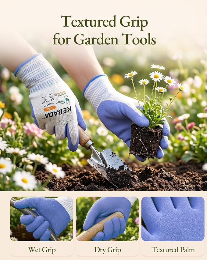 Kebada Gardening Gloves for Women, MicroFoam Latex Coated, Medium, 2 Pairs | Lilac & yellow, breathable garden gloves, high visibility, secure grip. Made with recycled PET for gardening and yard work
