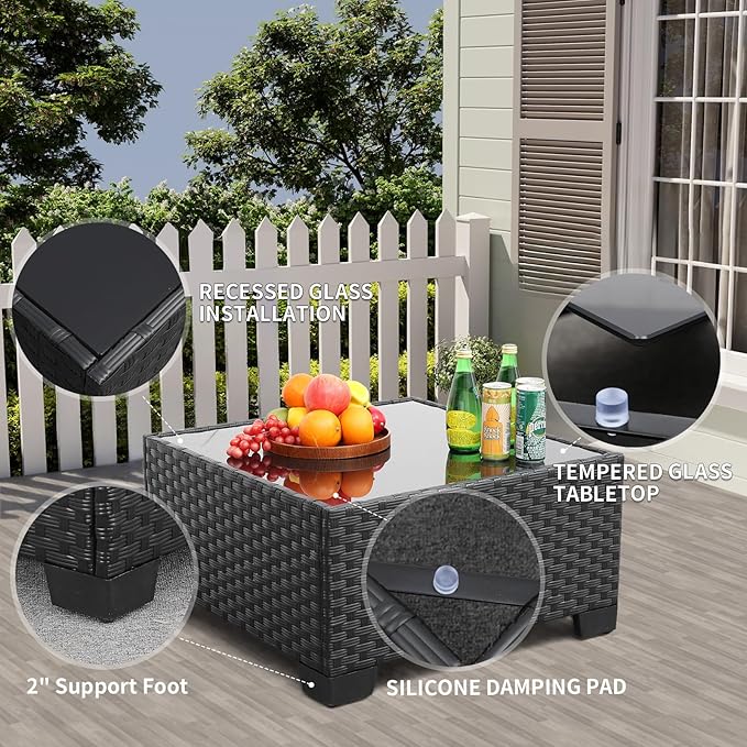 Rattaner 9 Pieces Outdoor Sectional All-Weather Wicker Patio Furniture Set Patio Sectional and Glass Patio Table Non-Slip Cushions and Waterproof Covers, Navy Blue