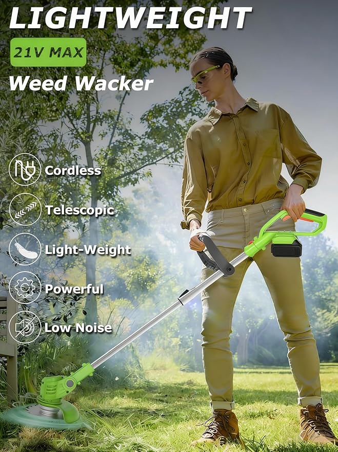 21V Electric Weed Wacker Cordless,Weed Eater Battery Powered with 2 * 2.0Ah Battery, Charger & 5 Types Blade Lightweight Grass Trimmer for Garden Yard Lawn Work