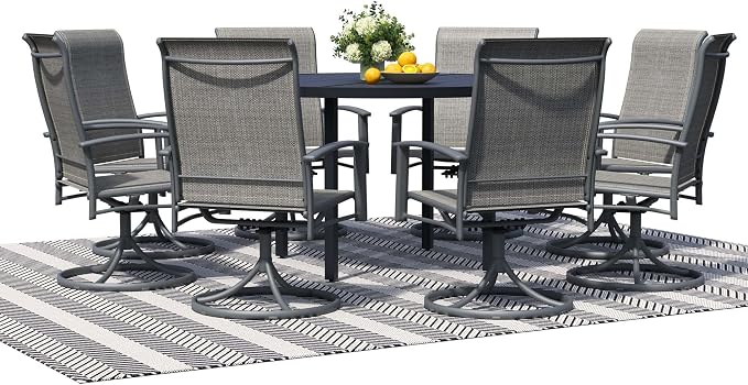 9-Piece Outdoor Dining Set for 8 – 60" Black Round Outdoor Table with Umbrella Hole & 8 Grey Patio Swivel Chairs, All-Weather Patio Furniture