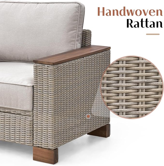 LUXOAK Patio Furniture Set, 6 Piece Wicker Patio Conversation Set with Wide Solid Wood Armrest, All Weather Outdoor Sectional Furniture with Wood Legs for Backyards, Porch, Poolside, Garden, Balcony