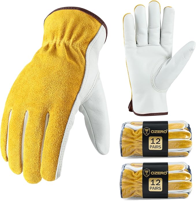 OZERO Leather Work & Gardening Gloves, EN388, 24 Pairs, Gold/Light Cyan, L | Flexible Grip, Keystone Thumb, Elastic Wrist, Breathable Unlined Comfort for Yard Work, Firewood, Landscaping and Farm Tasks