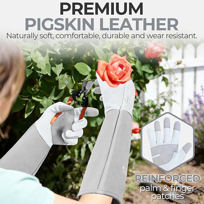 HANDLANDY Long Gardening Gloves for Men & Women, Thorn Proof Rose Pruning Gloves Leather Gauntlets Garden Glove Yard Work Glove (Silver Gray, Large) | Long Leather Gardening Gloves, Breathable Leather Gauntlet, Best Garden Gifts & Tools for Gardener (S...