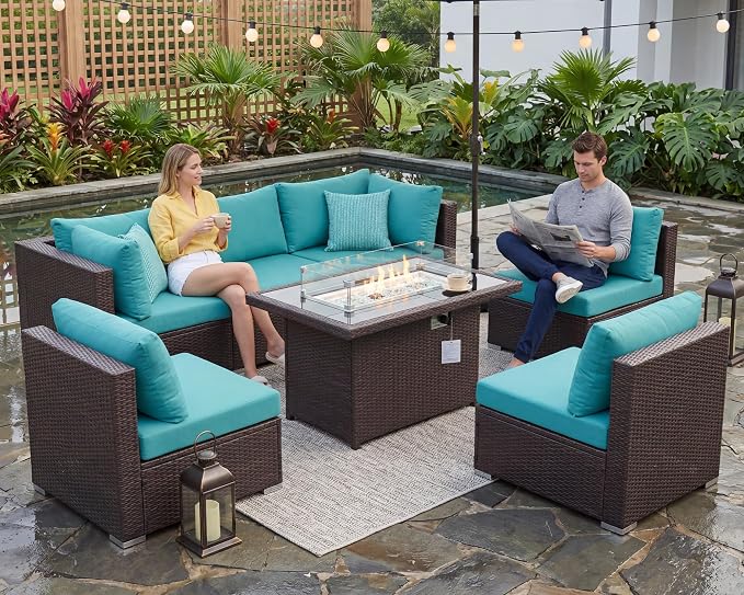 BULEXYARD 7-Piece Outdoor Patio Furniture Set with Propane/Natural Gas Fire Pit Table, High-Back Large Size Outside Sectional Couch Sofa, Comfy Wide Deep Seats for Yard, Brown Rattan & Teal Cushion
