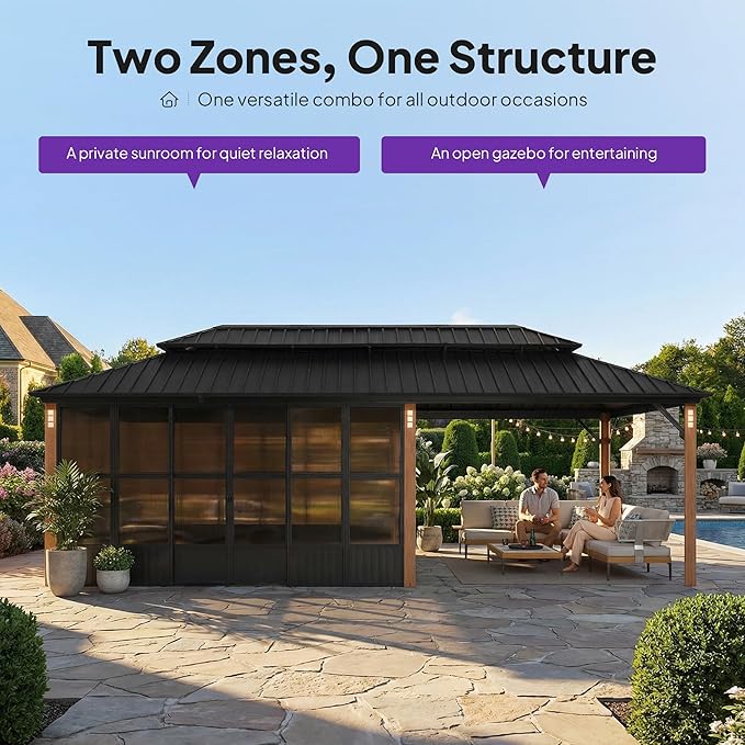 PURPLE LEAF 12' x 24' Hardtop Gazebo Sunroom, Enclosed Patio Solarium with Mesh & Removable PC Panels, Outdoor Magnetic Sliding Doors Living Space for Backyard Lounge, Dining & Spa