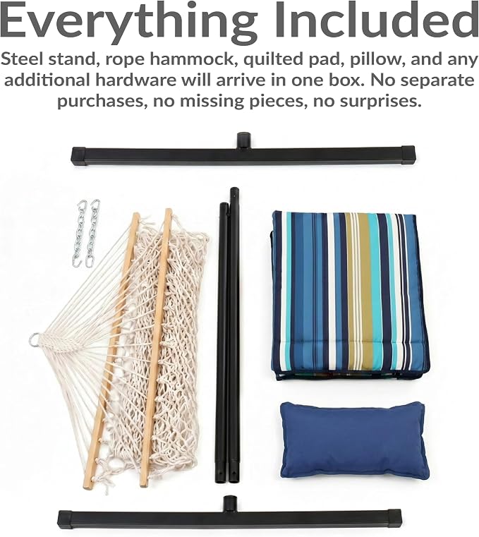 Sunnydaze Rope Double Hammock with Stand for Outside - Heavy Duty Freestanding Portable Outdoor Hammock Set with Quilted Pad, Pillow, and 12-Foot Steel Frame - 450 lb Capacity - Lakeview