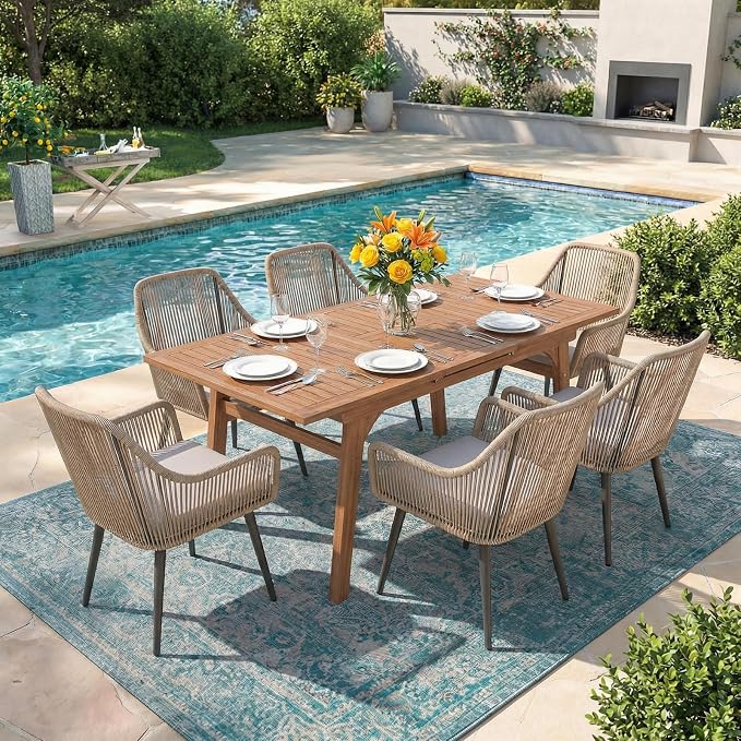 Patiorama 7-Piece Outdoor Dining Set, Patio Wicker Dining Table Chair Set with 55"-71" Acacia Wood Expandable Table & Twisted Rattan Rope Chairs, All-Weather Dining Furniture Set for Yard Garden, Tan