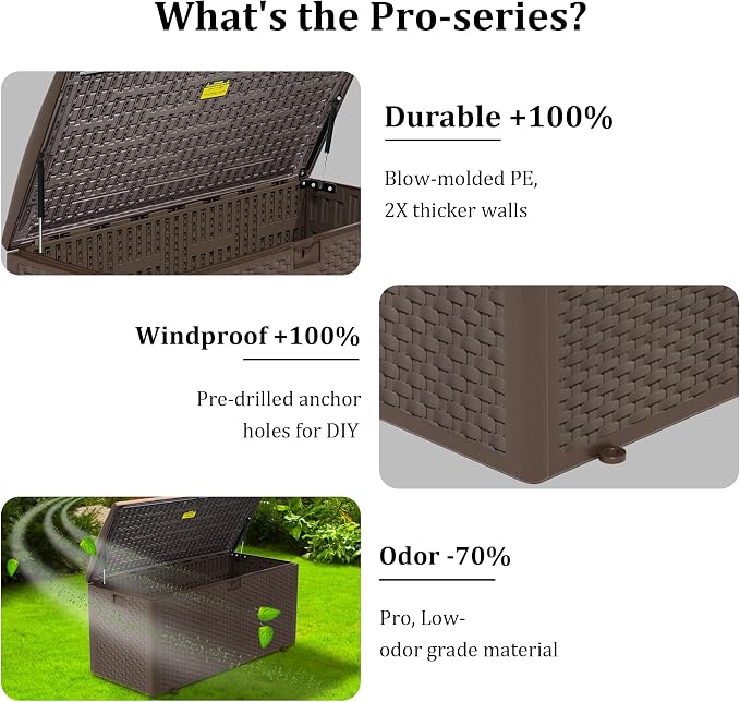 Outdoor Storage Box Waterproof, 180 Gallon Pro Lockable Resin Deck Box Large, Patio Storage Bin for Pool Accessories Cushion Furniture, Garden Tools, UV-Resistant Outside Delivery Brown