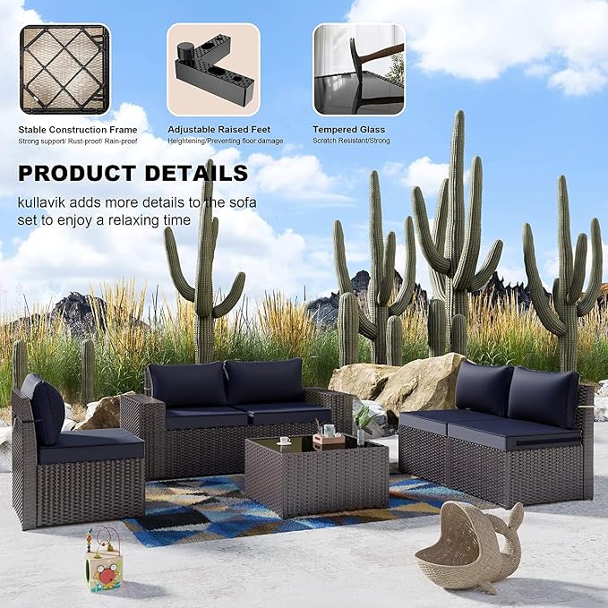 Kullavik 12PCS Outdoor Patio Furniture Set PE Wicker Rattan Sectional Sofa Patio Conversation Sets,Navy Blue