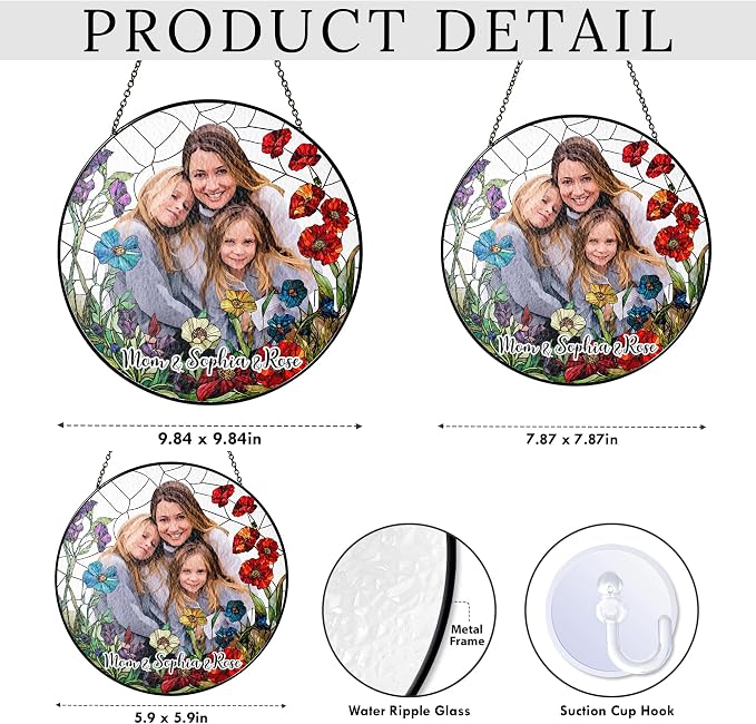 Custom Photo Stained Glass Window Hanging Suncatcher - Personalized Floral Keepsake Heartfelt Decoration for Home - Mother's Day, Father's Day, Birthday Gift for Mom, Dad, Grandma