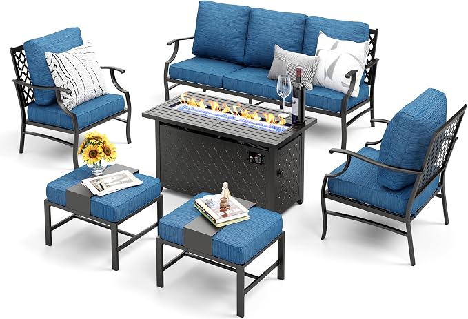 MIXPATIO Patio Furniture Set, 6 Pcs Metal Outdoor Conversation Set, 2 Single Chairs, 2 Ottomans and 3 Seater Sofa with 5.75" Extra Thick Cushion and Gas Fire Pit Table, Gemstone Blue