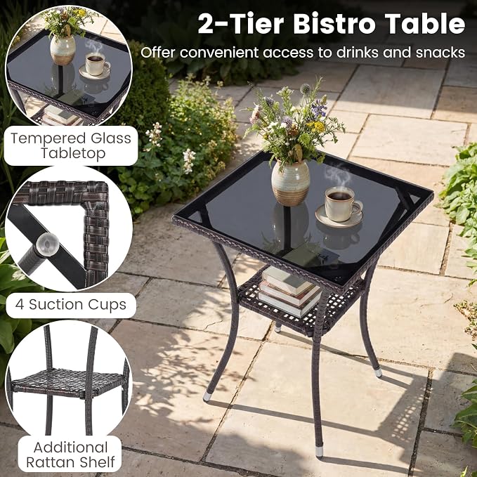 DORTALA Wicker Patio Furniture Set 3 Piece, Small Outdoor Table & Chairs with Tempered Glass Tabletop, Cushions, Rattan Conversation Bistro Set for Balcony, Porch, Backyard, Deck, Mix Brown+Beige