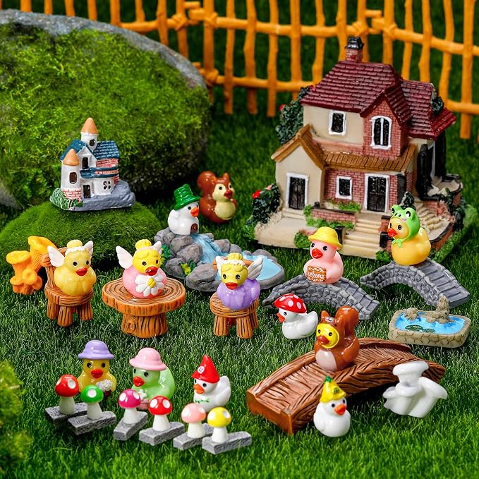 36 Pcs Fairy Garden Accessories Miniature Figurines Decor Set | Weather Resistant Resin Material, House Bridge Pond Duck Figurines, for Fairy Garden Terrarium Potted Plants Dollhouse Decor