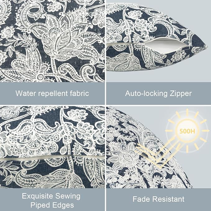 LVTXIII Outdoor Lumbar Pillow Covers Set of 2 Patio Decorative Pillow Cases, Water Repellent Lumbar Cushion Cases for Sofa, Patio Couch Garden Use, 12x20 Inch, Damask Lapis