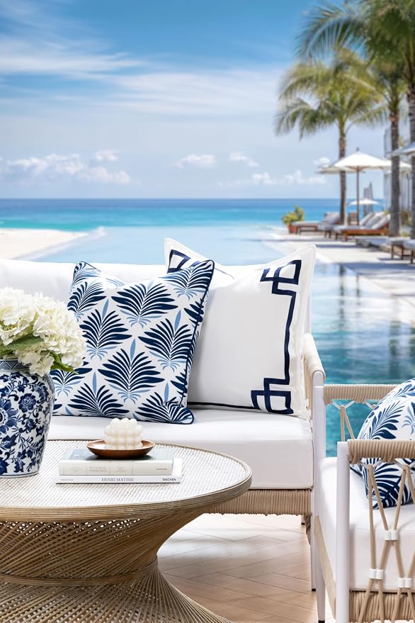 Hofdeco Premium Coastal Hampton Patio Indoor Outdoor Throw Pillow Cover Only, 20"x20" Water Repellent for Backyard, Couch, Poolside, Navy Blue Print Abstract Plam Leaves