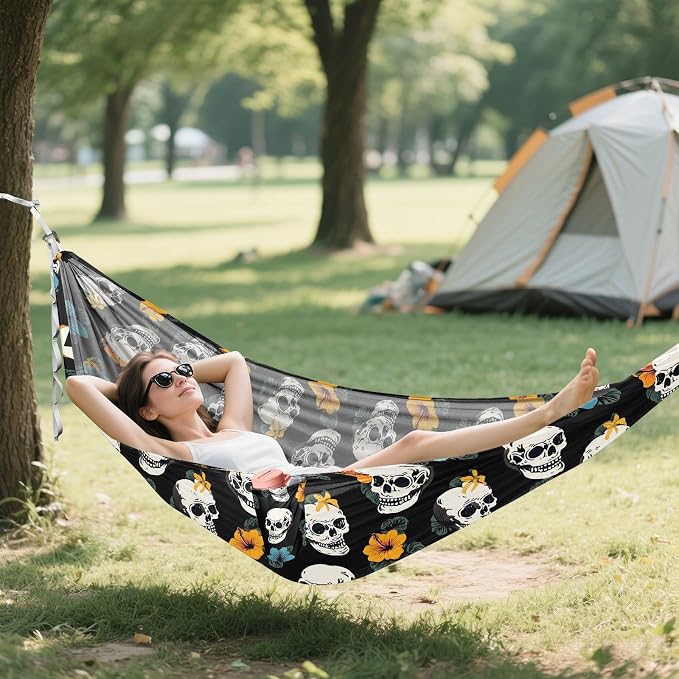 Camping Hammock Outdoor Hammocks for Outside Skull Hibiscus Flower Beach Trees Portable Lightweight with Pockets Tree Straps Indoor