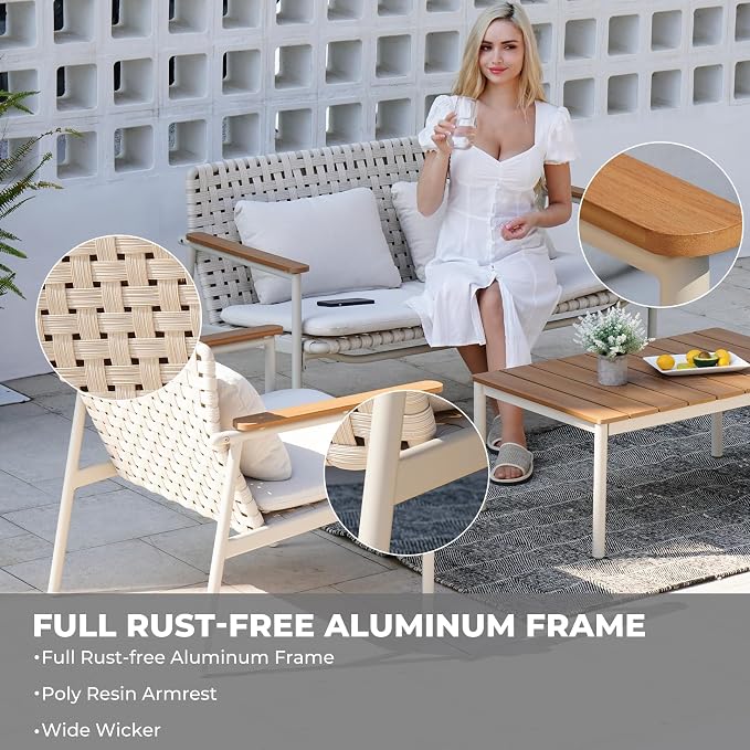 Grand patio 4-Piece Patio Conversation Set, Outdoor Wicker Sofa Set with Waterproof Cushions All-Weather Wicker Furniture Sectional Sofa for Garden, Poolside, or Backyard Relaxation-Grey