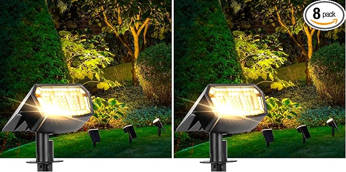AUDERWIN Solar spotlights Outdoor 63 LED 3 Lighting Modes, IP65 Waterproof Lighten Yard Garden House Garage Pathway for Christmas Decorations-8 Pack