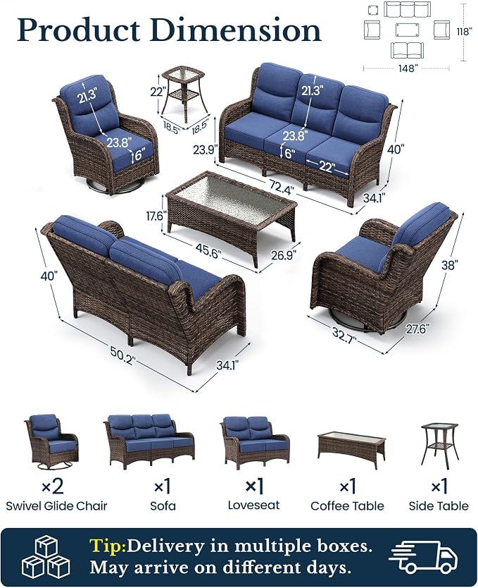 HILLGA Luxury Outdoor Patio Furniture Set with 6-Inch Thick Cushions, High Back Wicker Swivel Rocker Chairs, 6 Pcs All Weather Conversation Set for Large Deck, Yard and Poolside, Blue (V3)