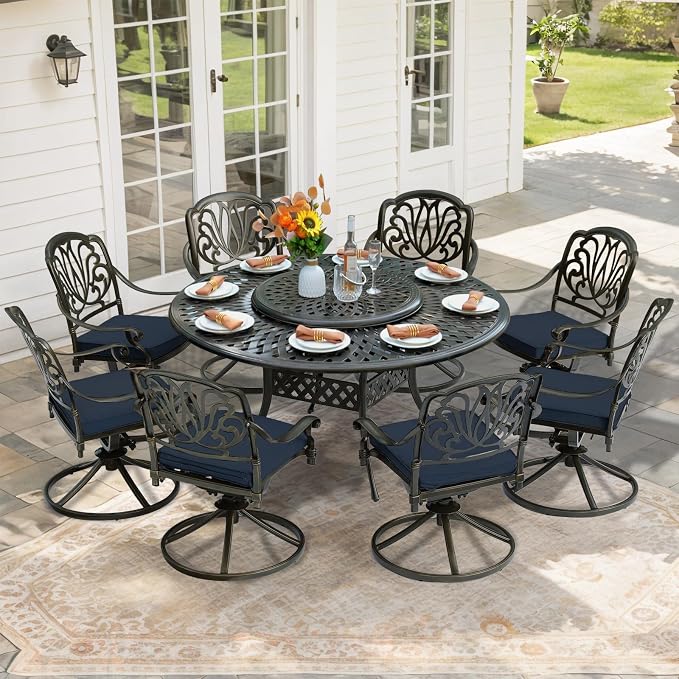 9-Piece Patio Furniture Dining Set, Cast Aluminum Outdoor Conversation Set- 61" Round Patio Dining Table with Detachable Lazy Susan & 8 Cushioned Swivel Rocker, Umbrella Hole, Navy Blue