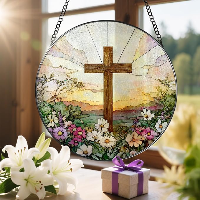 8 Inch Stained Glass Cross and Wildflowers Suncatcher Christian Stained Glass Windows Hanging Flower Cross Gift for Religious Easter Faith Christian Gifts Religious Home Decor