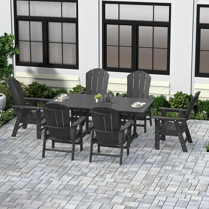 WestinTrends Malibu 7 Piece Adirondack Outdoor Dining Set, All Weather Poly Lumber Patio Table and Chairs Furniture Set, 71" Trestle Dining Table and 6 Adirondack Dining Chair, Gray