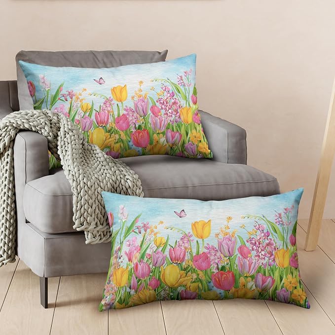 Tulip Lumbar Pillow Covers 12x20 Set of 2 Spring Throw Pillow Covers Pink Yellow Tulip Floral Outdoor Pillowcase Watercolor Cotton Linen Cushion Case for Sofa Outdoor Patio