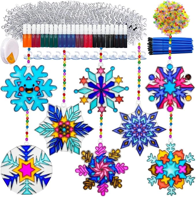 AUEKIV 32 Sets Suncatcher Kit Winter Snowflake Suncatchers Window Art Paint Sun Catcher DIY Craft Kits Christmas Snowflake Suncatcher Kit for Xmas Decoration Winter Home Classroom Party Activity