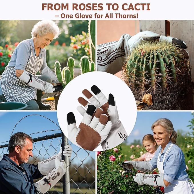 Cactus Garden Gloves (Reforced-Thorn Puncture Proof), Touchscreen, Long Leather, Women & Men, Heavy Duty- Great for Gardening, Rose Pruning, Cacti Trimming, Weeding, Pull Thistle, Plant (M)