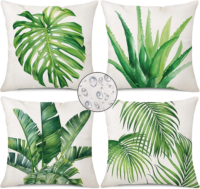 Outdoor Throw Pillow Covers 18x18 Set of 4 Waterproof Summer Tropical Leaves Pillow Covers Palm Monstera Leaf Decorative Cushion Case for Patio Furniture Garden Couch