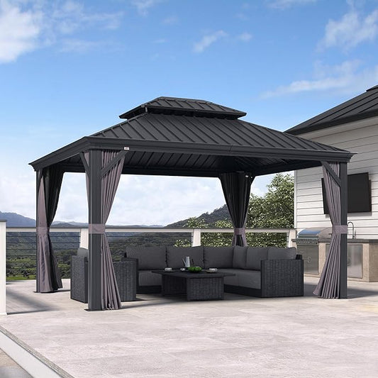 PURPLE LEAF 11 X 13' Permanent Hardtop Gazebo Aluminum Gazebo with Galvanized Steel Double Roof for Patio Lawn and Garden Curtains and Netting Included Grey