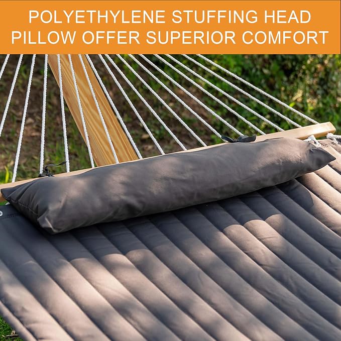 Lazy Daze Hammocks 12 FT Double Quilted Fabric Hammock and 13 FT Natural Wood Arc Stand, with Spreader Bar, Removable Pillow, 2 Person Hammock for Poolside Outdoor Patio, 450 lbs Capacity, Dark Gray