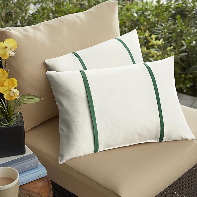Sorra Home x Sunbrella - Indoor/Outdoor Lumbar Pillows (Set of 2), Canvas Natural Ivory & Forest Green