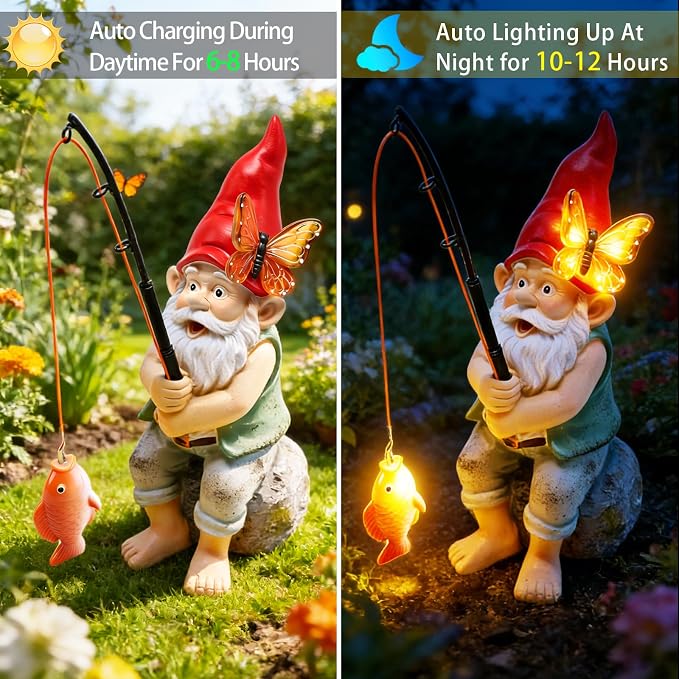 Solar Garden Gnome Statues, Outdoor Fishing Gnome with Butterfly Solar Lights Waterproof, Birthday Gifts for Mom Women Mother's Day, Garden Figurines for Yard Decor Patio Porch Lawn Ornaments