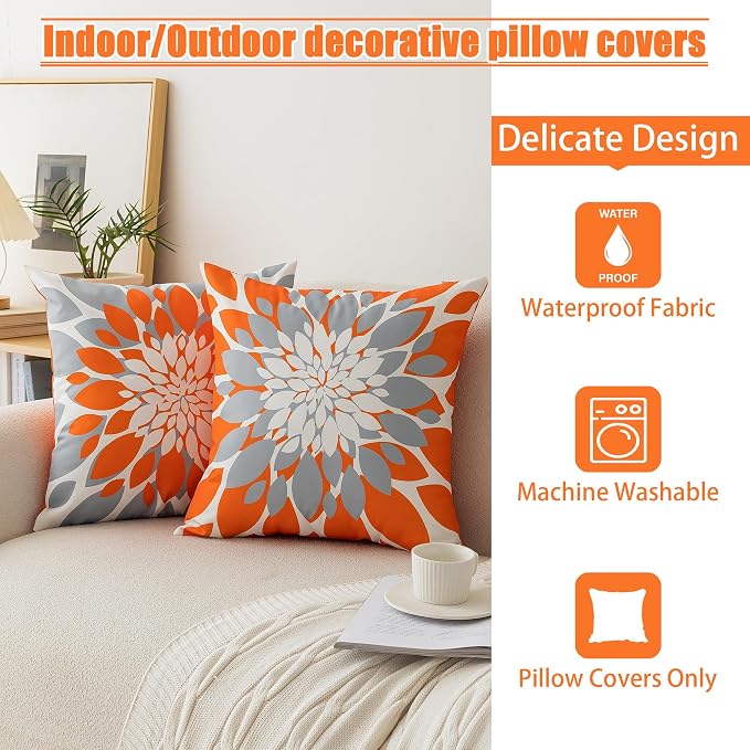 Pack of 4 Fall Outdoor Waterproof Pillow Covers 20x20 Decorative Outdoor Throw Pillows Garden Square Cushion Cases for Patio Furniture, Couch, Tent Sunbrella, Bench, Orange Grey