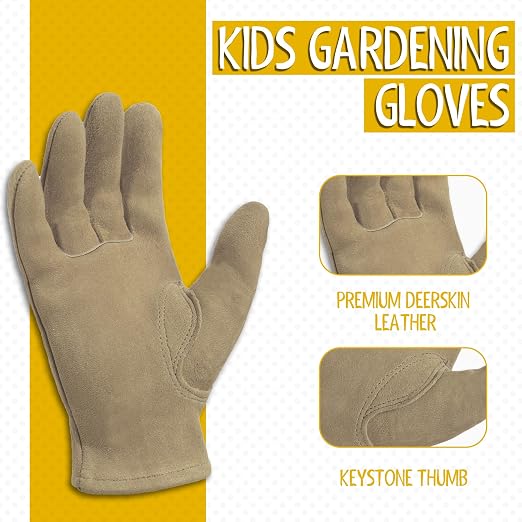 HANDLANDY Kids Leather Gardening Gloves, Kid Work Gloves, Khaki, M | Durable Soft Breathable Yard Work Cycling Outdoor Playing Glove for Age 2-9, for Children, Boys, Girls, Toddlers, Great Gift