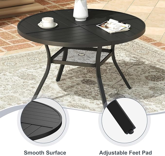 VICLLAX 7 Pieces Patio Outdoor Dining Set, 47.2" Round Metal Table with Umbrella Hole and Storage Shelf, 6 Stackable Textilene Chairs for Patio, Lawn, Garden, Porch, Black/Red