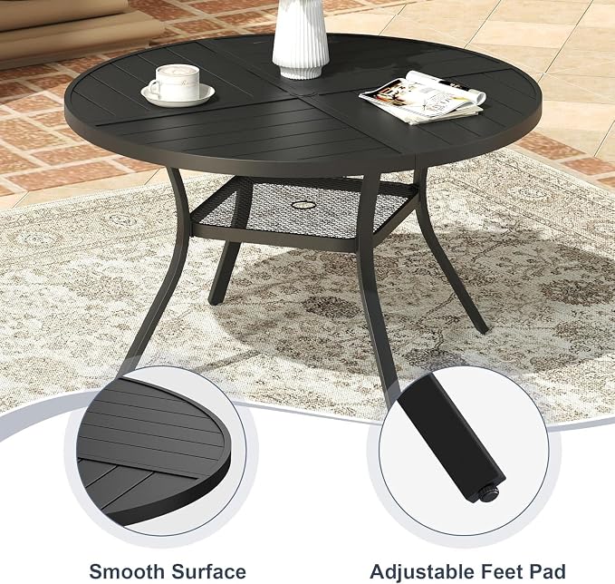 VICLLAX 5 Pieces Patio Outdoor Dining Set, 4 Swivel Textilene Chairs and 40.6" Round Metal Table with Umbrella Hole for Porch, Deck, Garden, Black/Dark Blue