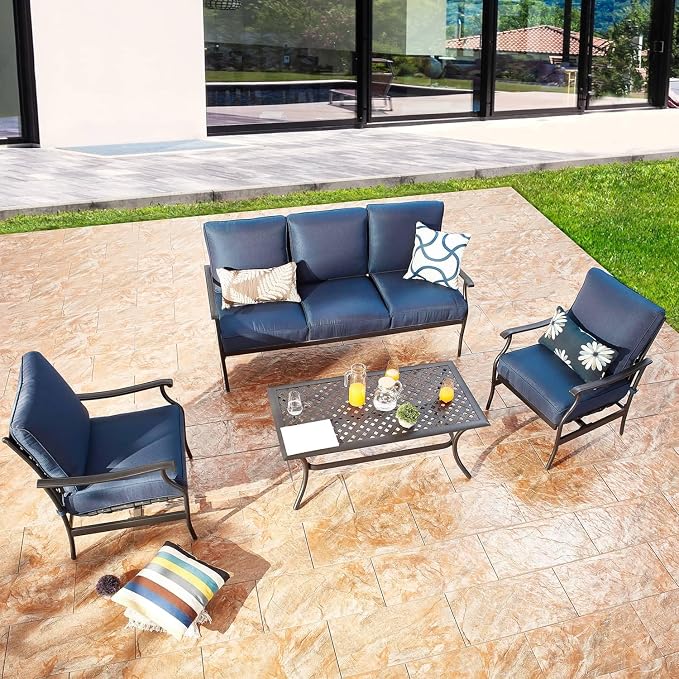 Patio Conversation Set 4Pcs Cushioned Outdoor Furniture Sets Patio Seating with All Weather Galvanized Steel Frame (Blue)