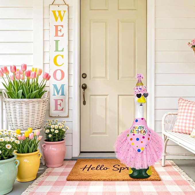 Porch Goose Birthday Outfit, Happy Birthday Goose Outfit Lawn Geese Clothes for 17/23" Cement Geese Statue for Patio (Pink)
